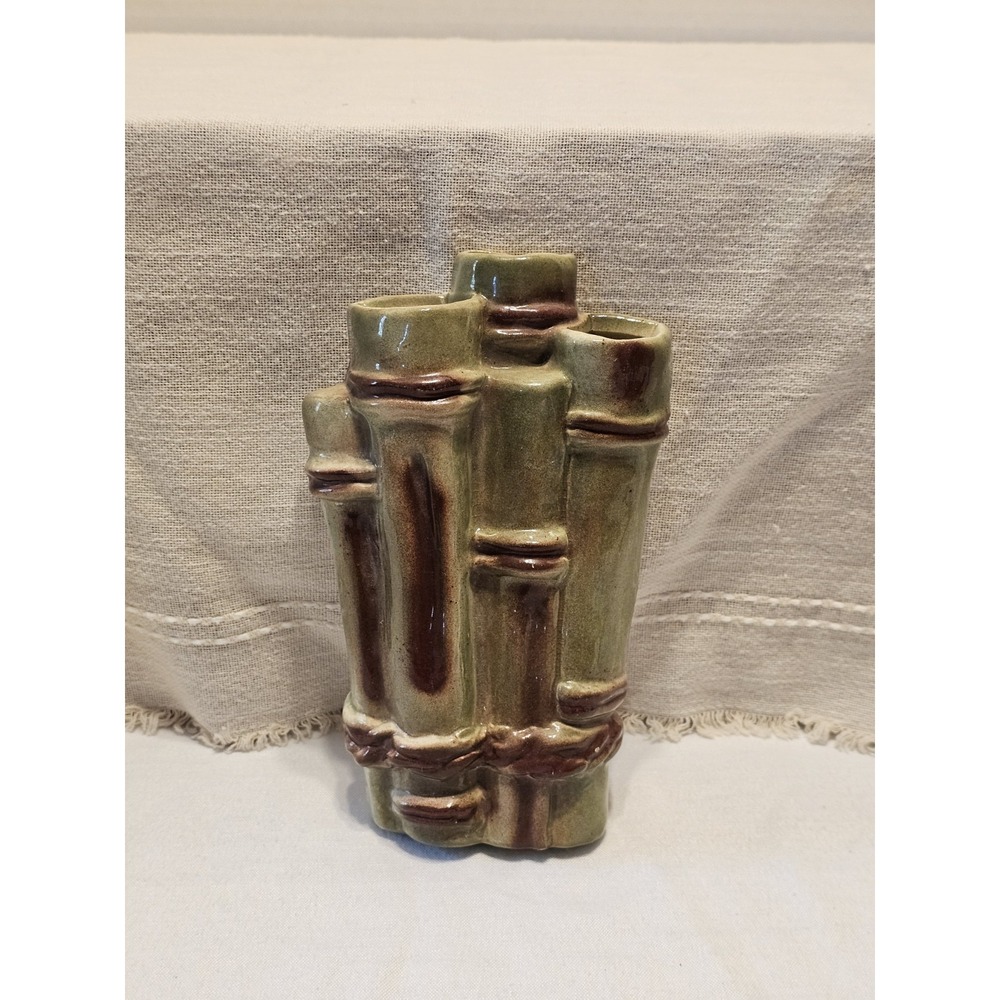 Vintage Bamboo Stalks Brown Green Glazed Ceramic Wall Pocket